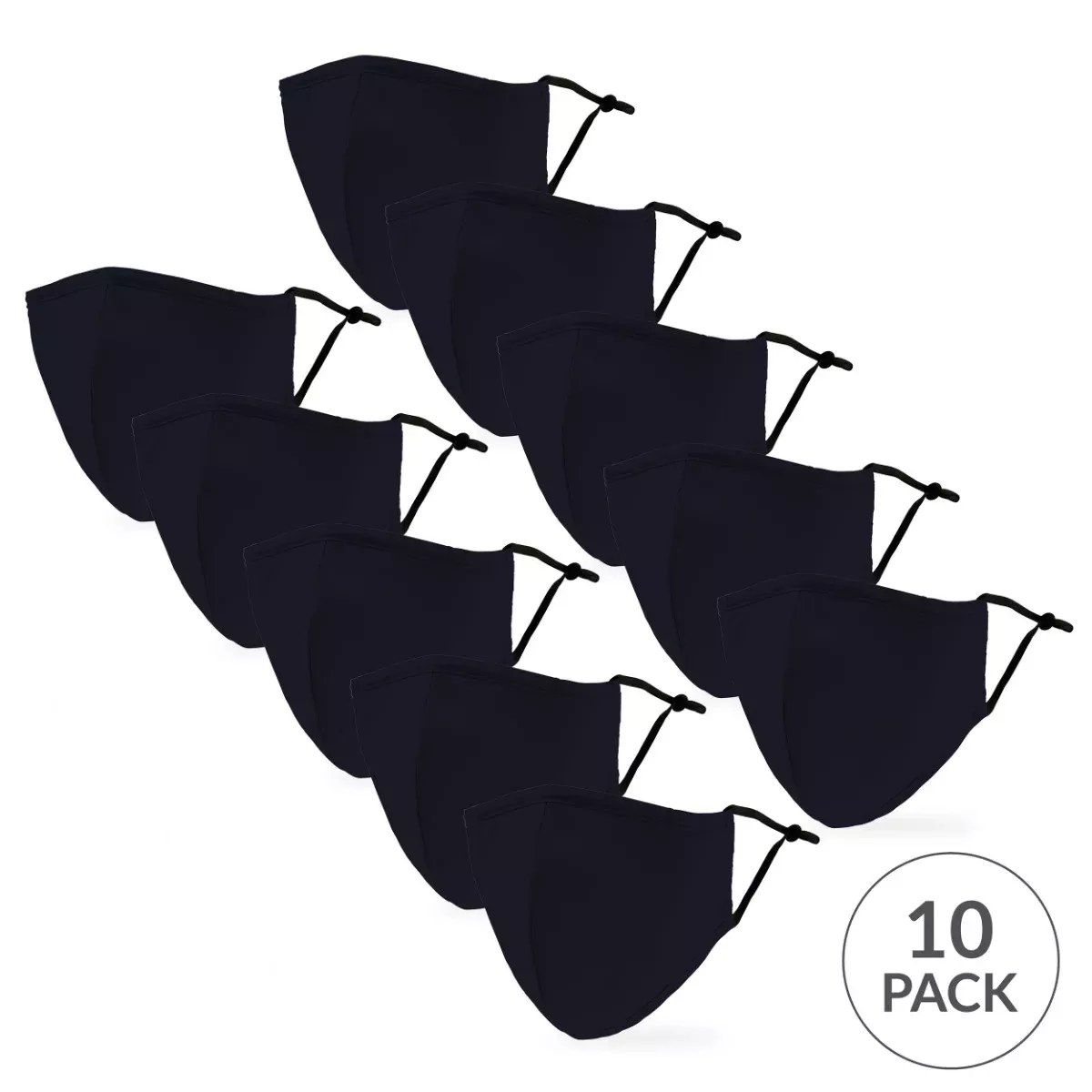 10-Pack Adult Reusable, Washable 3 Ply Cloth Face Masks With Filter Pockets - Navy Blue