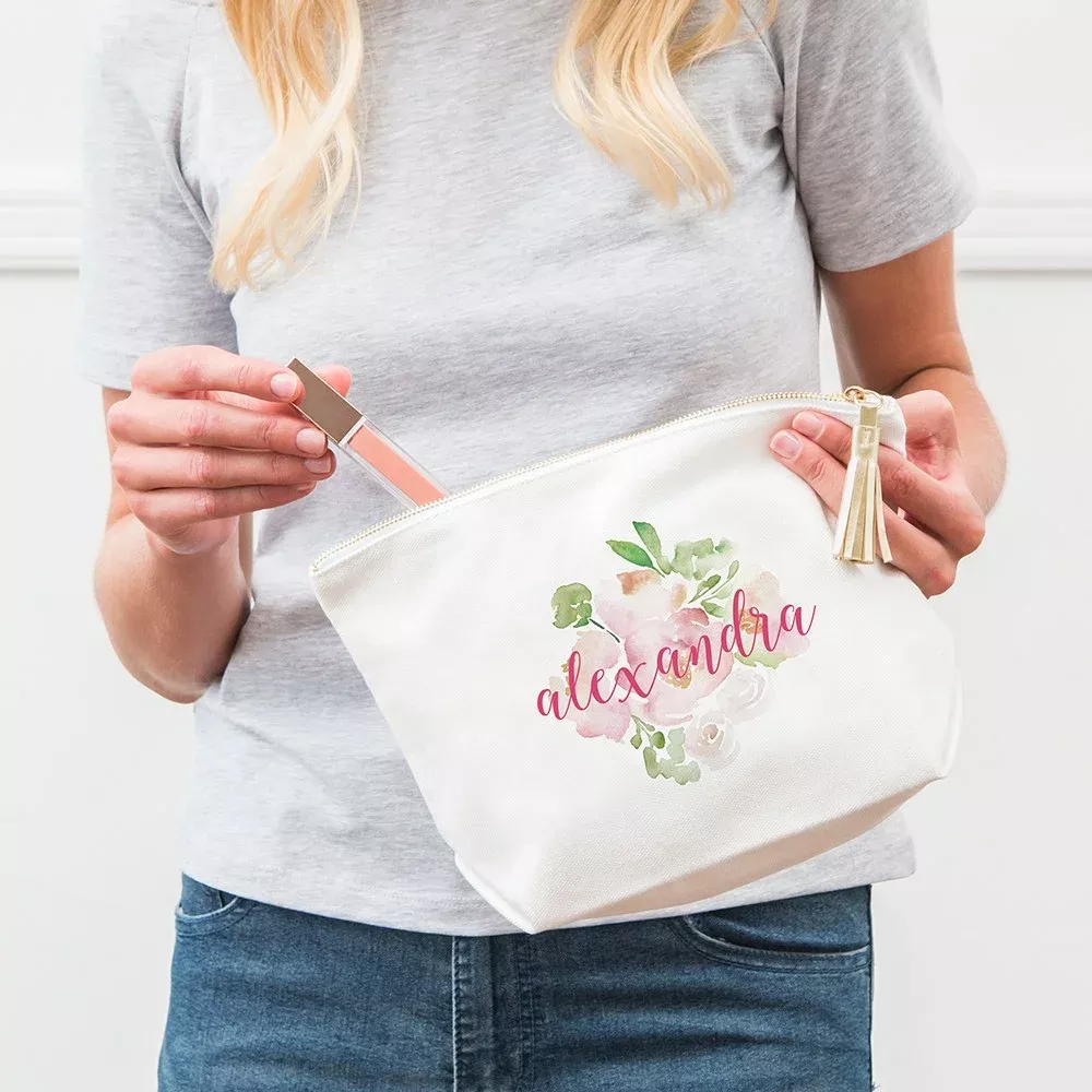 Large Personalized Canvas Makeup Bag - Floral Garden Party