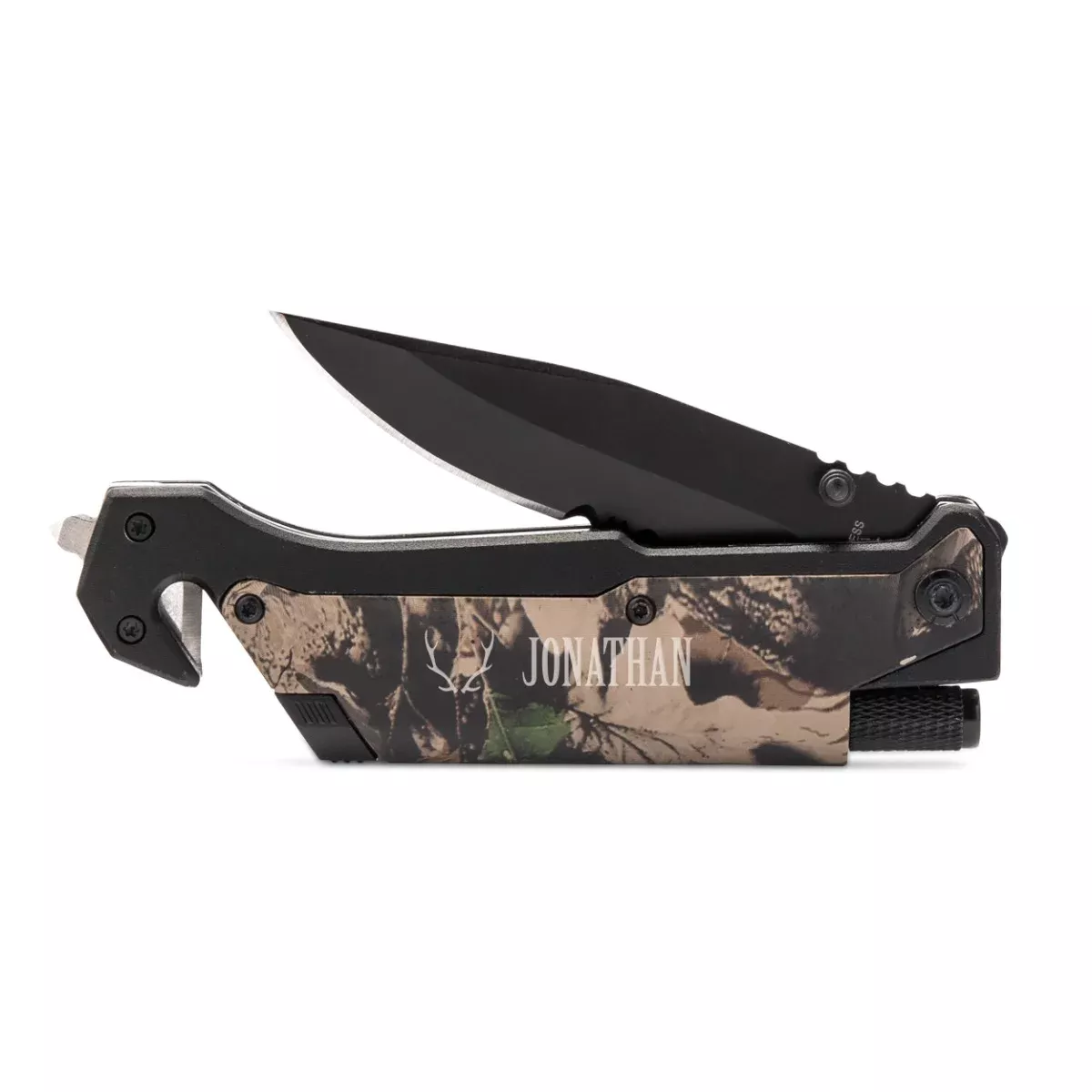 Personalized Camouflage Pocket Knife With Light - Antler Motif