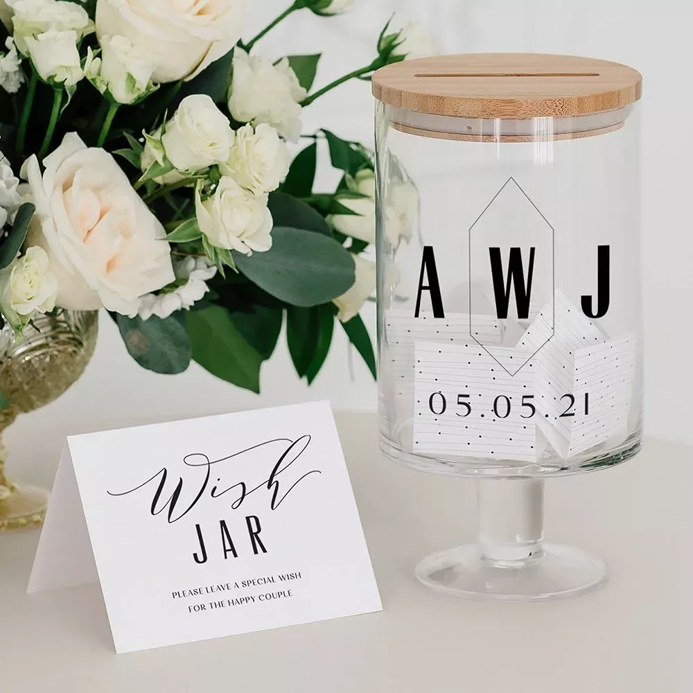 Personalized Glass Wedding Wishes Guest Book Jar - Geo Monogram