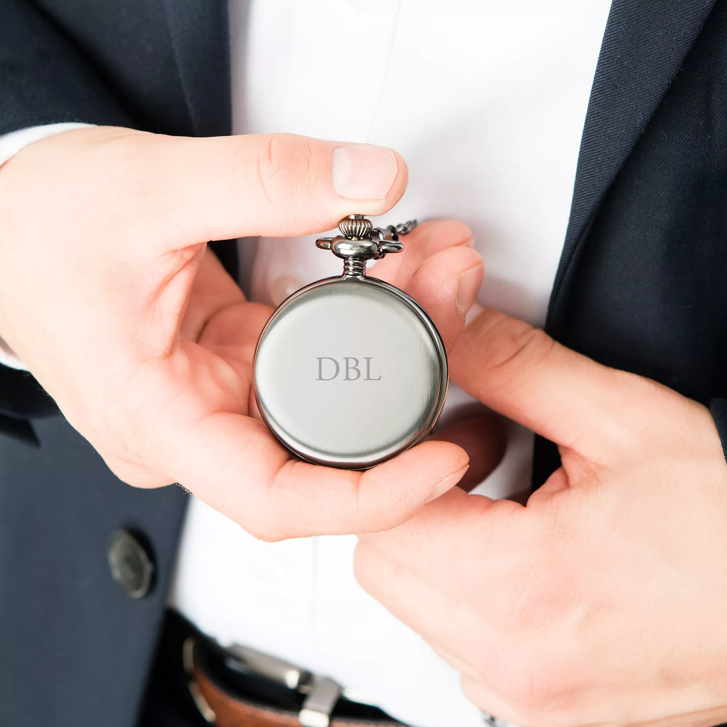 Personalized Pewter Pocket Watch & Fob - Traditional Monogram